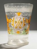 Becherglas "Johann George Schmidt" Farbloses Glas, l. mattiert mit Fluorätze. Formgeblasen,