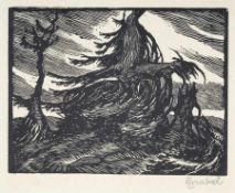 Hrabal, Ernst (1886 - 1969) Holzschnitt. Stürmische Landschaft mit Baumgruppe. R. u. in Blei sign.