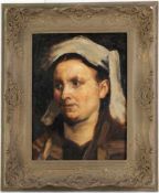 Unbekannt (Deutscher Maler, E. 19. Jh.) Öl/Lwd., auf Karton kaschiert. Porträt einer Frau mit weißer