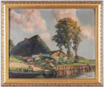 Schrag, Julius (1864 Nürnberg - 1948 München) Öl/Holz. "Fischerhaus am Kanal", Impression aus