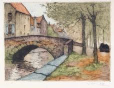 Célos, Julien (Antwerpen 1884 - 1953) Farbradierung. Parklandschaft mit Kanal, Brücke u.
