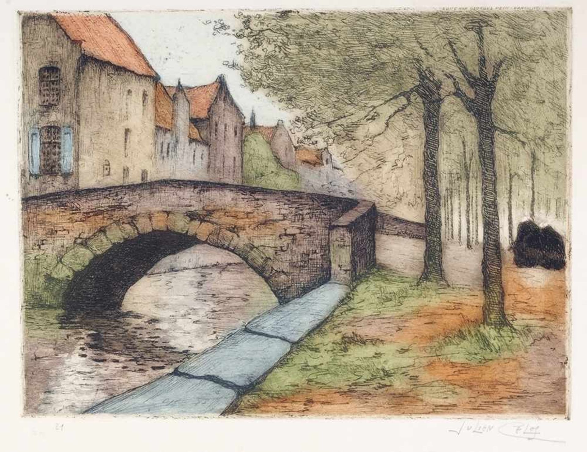 Célos, Julien (Antwerpen 1884 - 1953) Farbradierung. Parklandschaft mit Kanal, Brücke u.