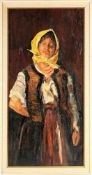 Beck (Deutscher Maler, 2. H. 20. Jh.) Öl/Karton. Junge Bäuerin mit gelbem Kopftuch. R. u. monogr.