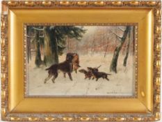 Scheurer, Otto (München 1862 - 1934) Öl/Lwd. Hundemeute mit erlegtem Fuchs im Winterwald. R. u.