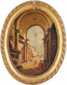 Guardi, Francesco nach (Venedig 1712 - 1793) Öl/Kupfer. Ovale Form. "Capriccio con sottoportico e