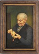 Unbekannt (Deutscher Maler, 1930er Jahre) Öl/Malpappe. Apfelschälender alter Mann. 37 x 25,3 cm.