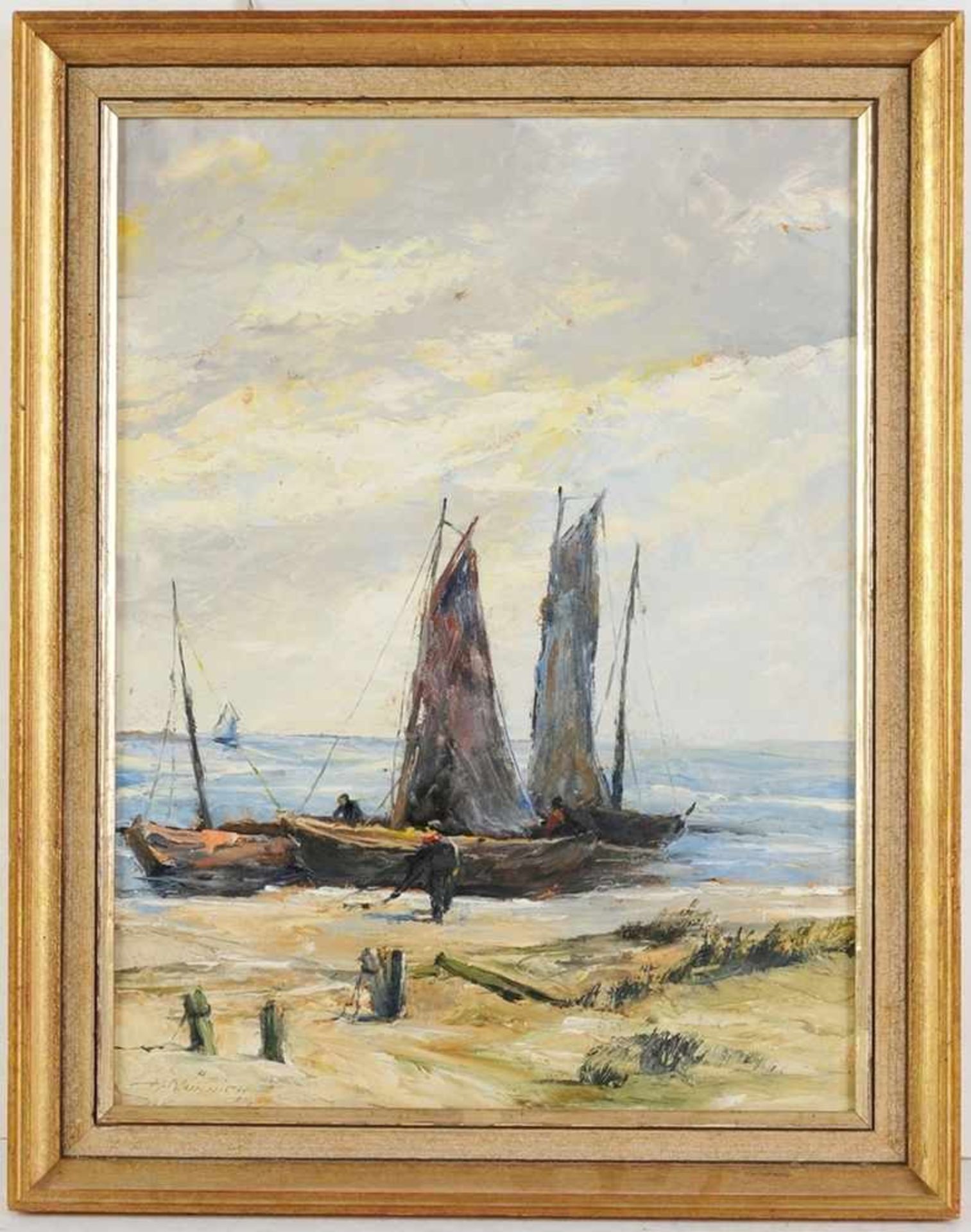 Münnich, Hans Öl/Karton. Küstenlandschaft mit Segelbooten u. Fischern. L. u. sign. 40,5 x 31 cm.