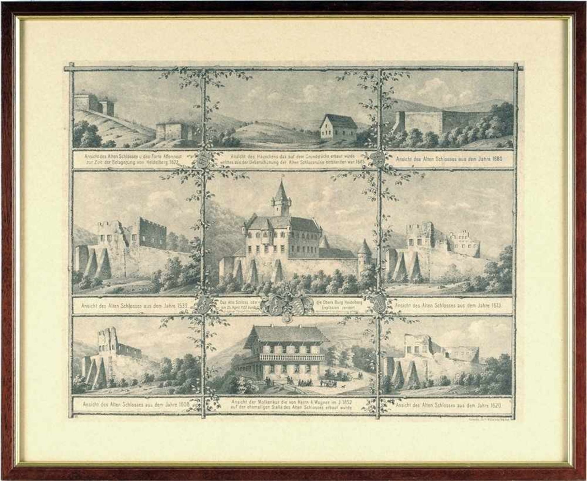 Ansicht Heidelberg Lithographie. Sammelblatt mit 9 Ansichten d. Alten Schlosses auf dem Gaisberg. U.