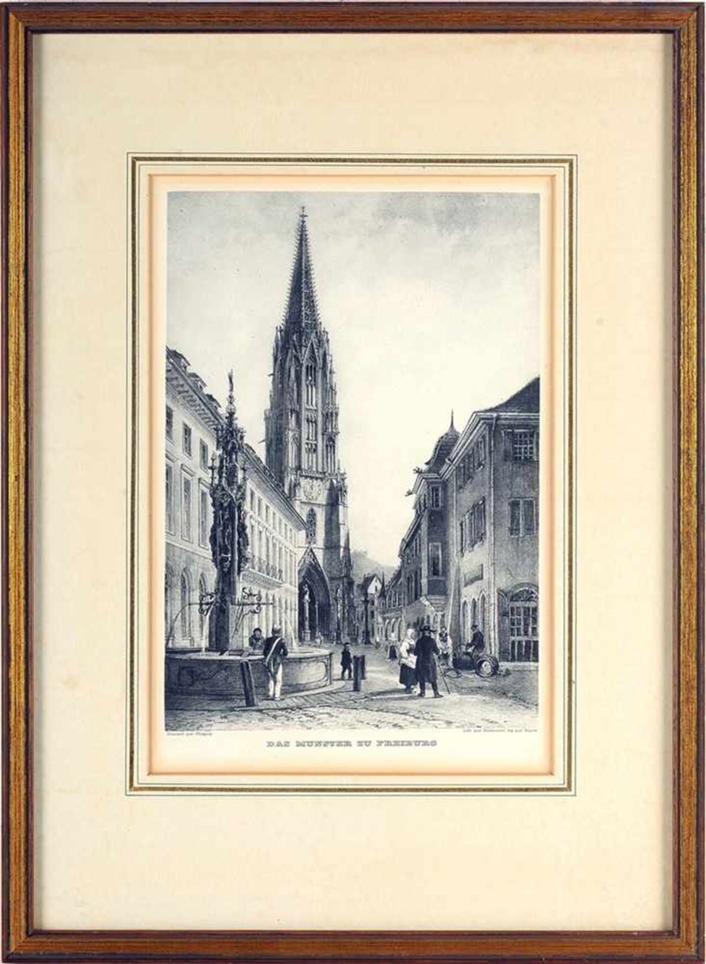 Ansicht Freiburger Münster Lithographie. "Das Münster zu Freiburg", Blick zum Hauptportal, mit