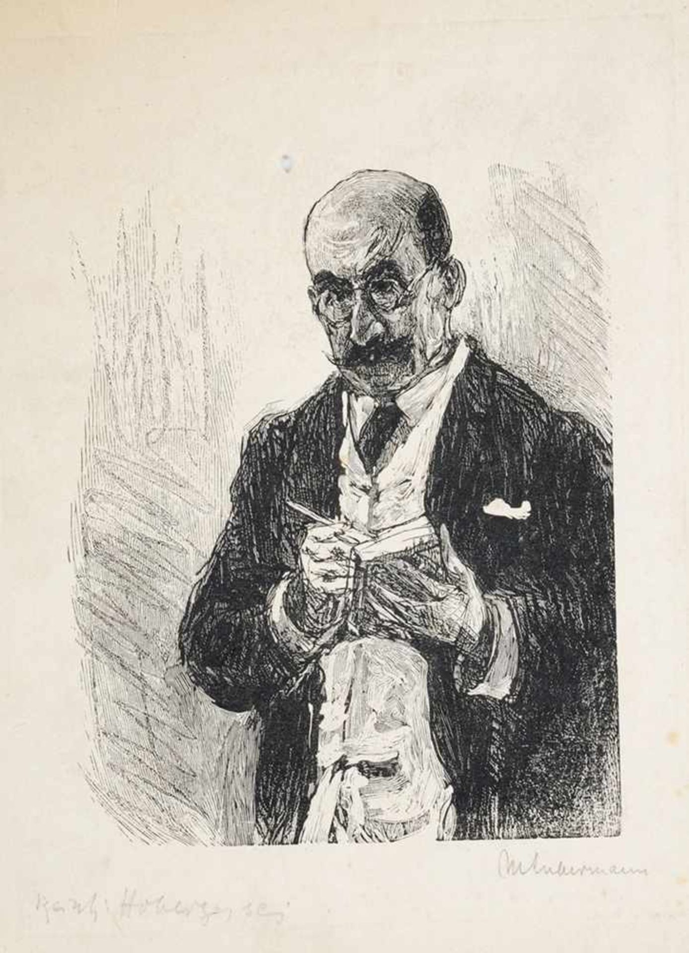 Liebermann, Max Holzschnitt. Selbstporträt als Zeichnender. Geschnitten von Reinhold Hoberg (1859-