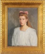 Holzapfel, P. (Deutscher Maler, um 1900) Öl/Lwd. Porträt eines jungen Mädchens im weißen Kleid mit