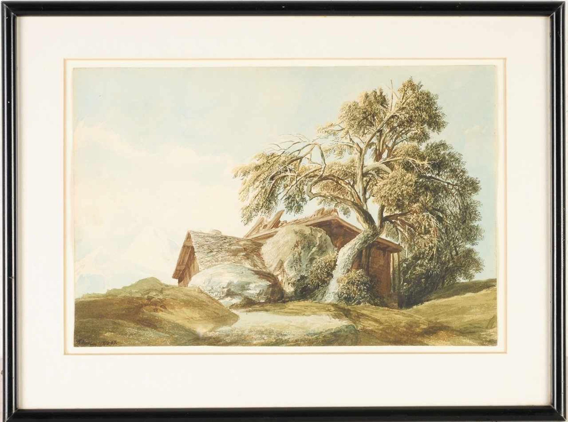 Bäseker(Deutscher Maler, 2. H. 19. Jh.) Aquarell/Papier. Bauerngehöft in alpiner Landschaft. L. u.