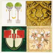 Vier Jugendstil-FliesenSandfarbener Scherben. Part. Reliefdekor. Versch. Motive, ornamentaler u.