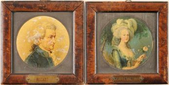 Paar MiniaturbilderÖl/l. gewölbte Metalltafel. Runde Form. Porträt d. Komponisten W. A. Mozart u. d.
