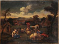 Unbekannt(Wohl niederländischer Maler, 18. Jh.) Öl/Lwd. Landschaft mit bäuerlichen Gehöften,
