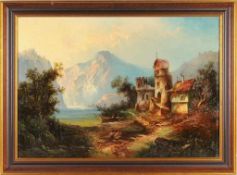 Schneider, Otto Ludwig(Dresden 1858 - 1911) Öl/Lwd. Alpine Landschaft mit Bergsee u. romantischer