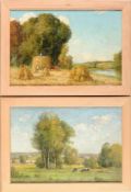 Unbekannt(Deutscher Maler, um 1900) Öl/Lwd. 2 Gemälde. Landschaft im Frühling mit weidendem Vieh./