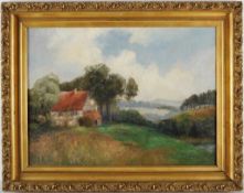 Unbekannt(Deutscher Maler, A. 20. Jh.) Öl/Lwd. Landschaftsausschnitt mit Bauernhaus. Rücks. 2 x
