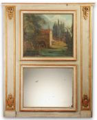 Trumeauspiegel mit GemäldeHolz, hellgrau gefasst u. vergoldet./ Öl/Lwd. Zwischen flankierenden