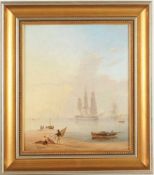Unbekannt(Niederländ.? Maler, 19. Jh.) Öl/Lwd. Seestück, Küstenlandschaft mit vor Anker liegenden
