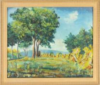 Bloot, Jenny de(Berlin-Zehlendorf 1908 - 1994) Öl/Lwd. Sommerliche Landschaft mit Getreidepuppen. R.