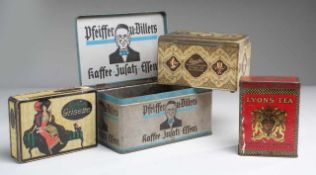 Vier ReklamedosenBlech, polychrom bedruckt. "Pfeiffer u. Dillers Kaffee-Zusatz-Essenz" (Pfeiffer &