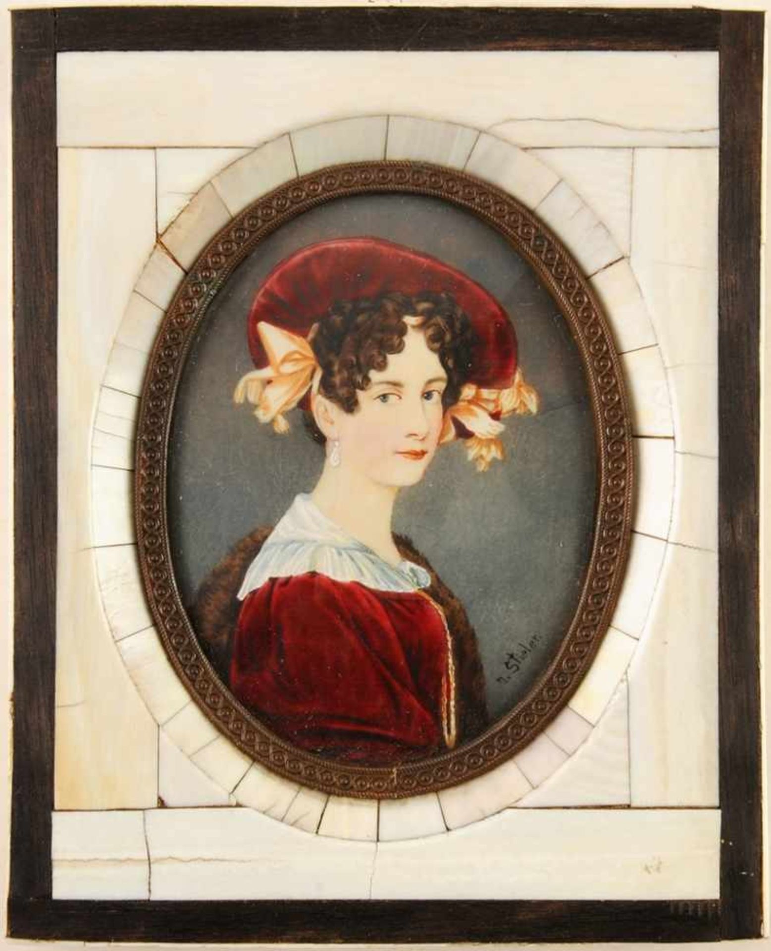 MiniaturbildGouache/Elfenbein. Ovale Form. Porträt d. Therese Alexandra Freifrau v. Tettenborn. R.