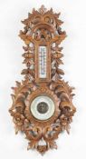 Gründerzeit-Wandbarometer und ThermometerMessing/ Glas/ wohl Linde, gebeizt. Durchbrochen