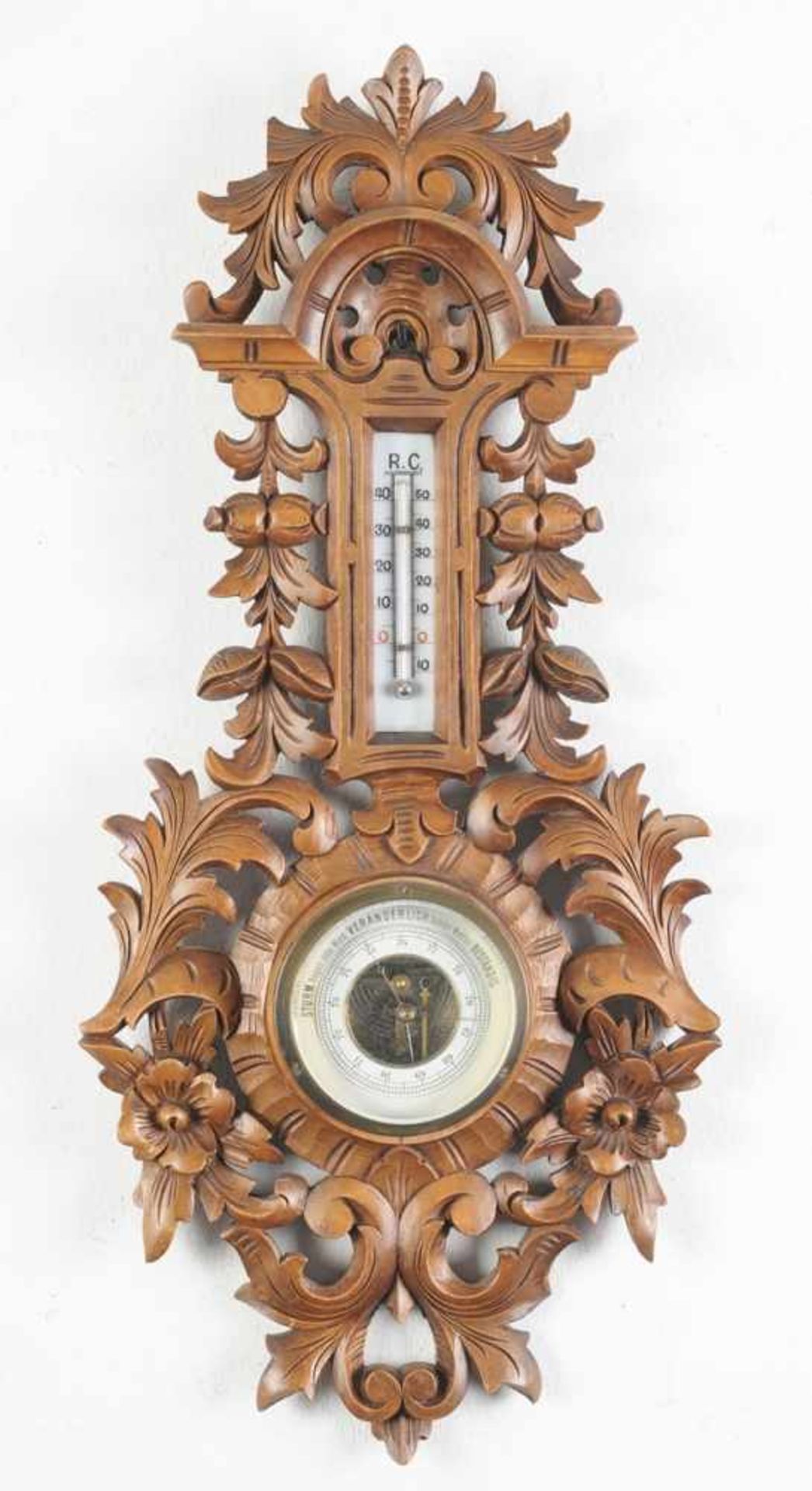 Gründerzeit-Wandbarometer und ThermometerMessing/ Glas/ wohl Linde, gebeizt. Durchbrochen