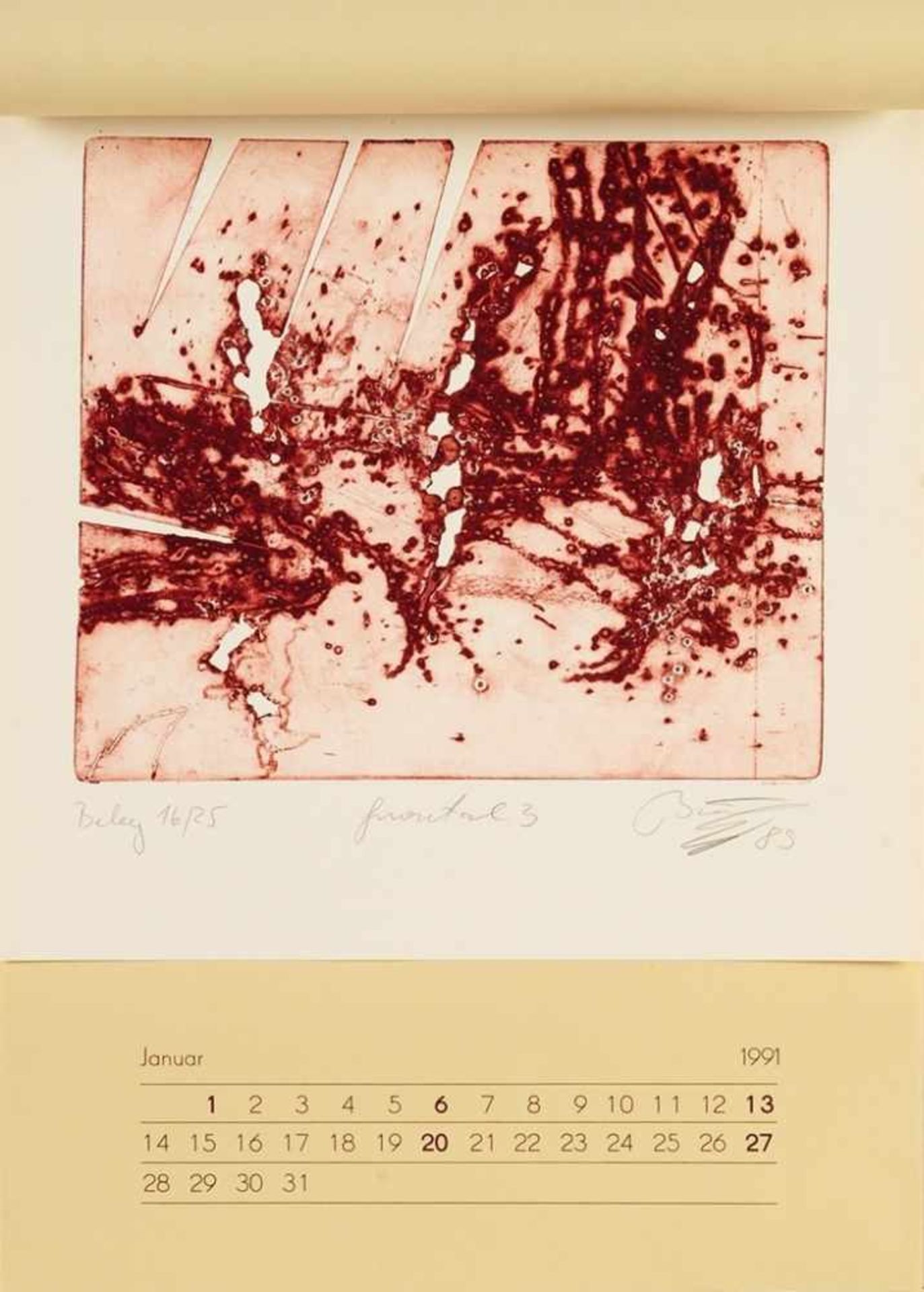 Graphikkalender 199112 Bl. Versch. Techniken, u. a. Radierung, Lithographie u. Holzschnitt. Arbeiten