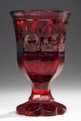Biedermeier-Andenken-PokalRotes Glas. Formgeblasen. Massiver Fuß mit gebogtem Rand, kurzer