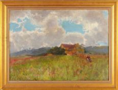 Unbekannt(Deutscher Maler, 1. H. 20. Jh.) Öl/Lwd. Mittelgebirgslandschaft mit einzeln stehendem Haus
