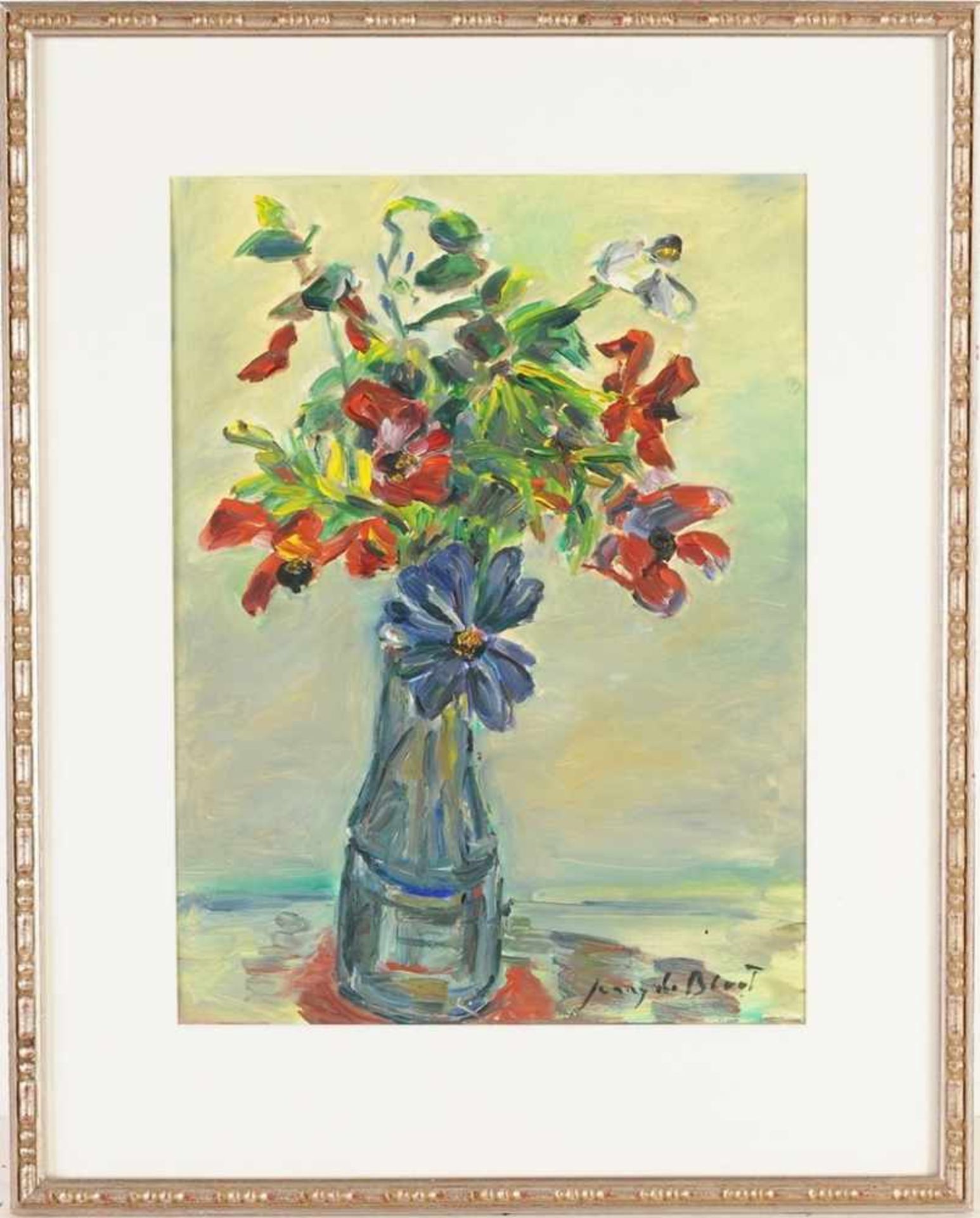Bloot, Jenny deÖl/Lwd. Stillleben mit Blumen in schmaler Vase. R. u. sign. 39 x 29 cm. Unter Glas