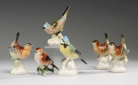 Sechs Vogel-PorzellanfigurenWeiß, glasiert. Versch. Modelle, u.a. Zaunkönig u. Blaumeise. Polychrome