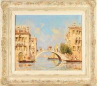 Unbekannt(Italienischer Maler, 2. D. 20. Jh.) Öl/Lwd. Sommerliche Venedigansicht mit Bogenbrücke