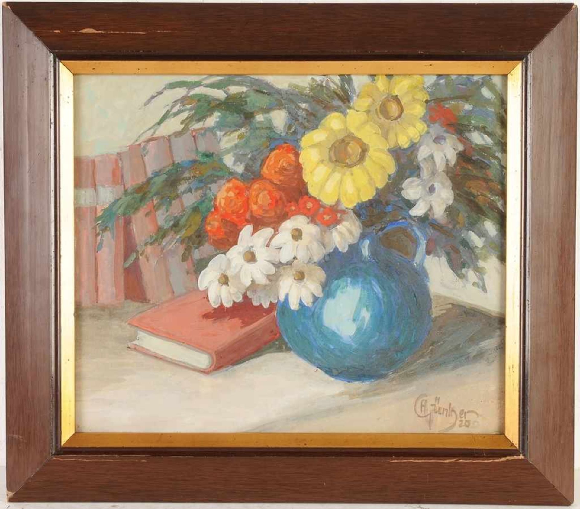 Günther, A.(Deutscher Maler, 1. H. 20. Jh.) Gouache/Karton. Stillleben mit Sommerblumen in blauer