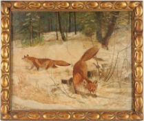 Sbach, Wilhelm(Deutscher Maler, M. 20. Jh.) Öl/Sperrholz. "Füchse auf Mäusejagd. Landschaft