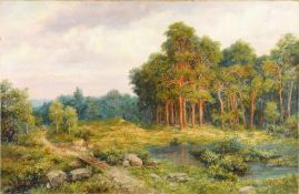 Rudolf, O.(Deutscher Maler, um 1900) Öl/Lwd. Bewaldete Uferlandschaft mit Weg u. Holzsteg über