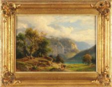 Pape, Eduard Friedrich(Berlin 1817 - 1905) Öl/Lwd. Alpine Landschaft mit Bergsee, im Vordergrund Weg