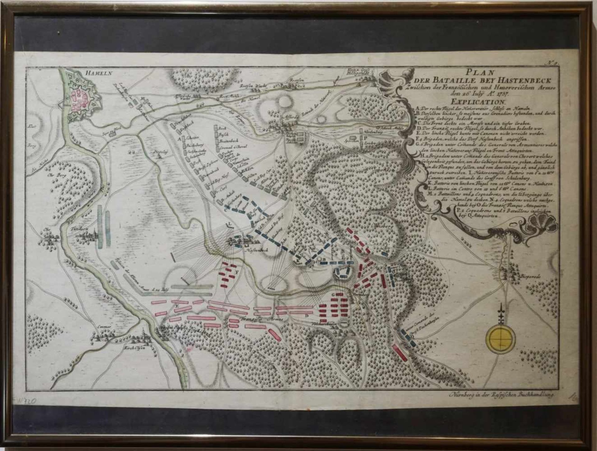Schlachtplan der Schlacht von Hastenbeck 1757 Druckseite aus einem Buch, unter Glas gerahmt, ca. 19.