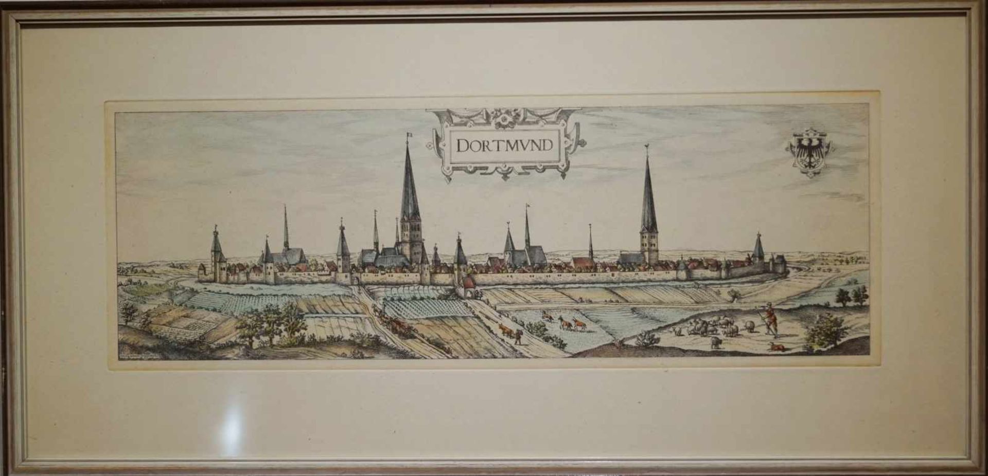 Ansicht von Dortmund im Mittelalter Farbstich, unter Glas gerahmt, Höhe 34,5 cm x Breite 71 cm, in
