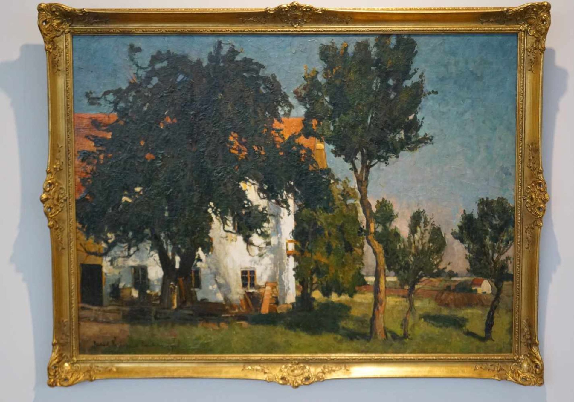 "Gutshof unter Kiefern" Richard Kaiser (1868-1941), Goldrahmen, Öl/Lwd, Höhe 75,8 cm x Breite 102,
