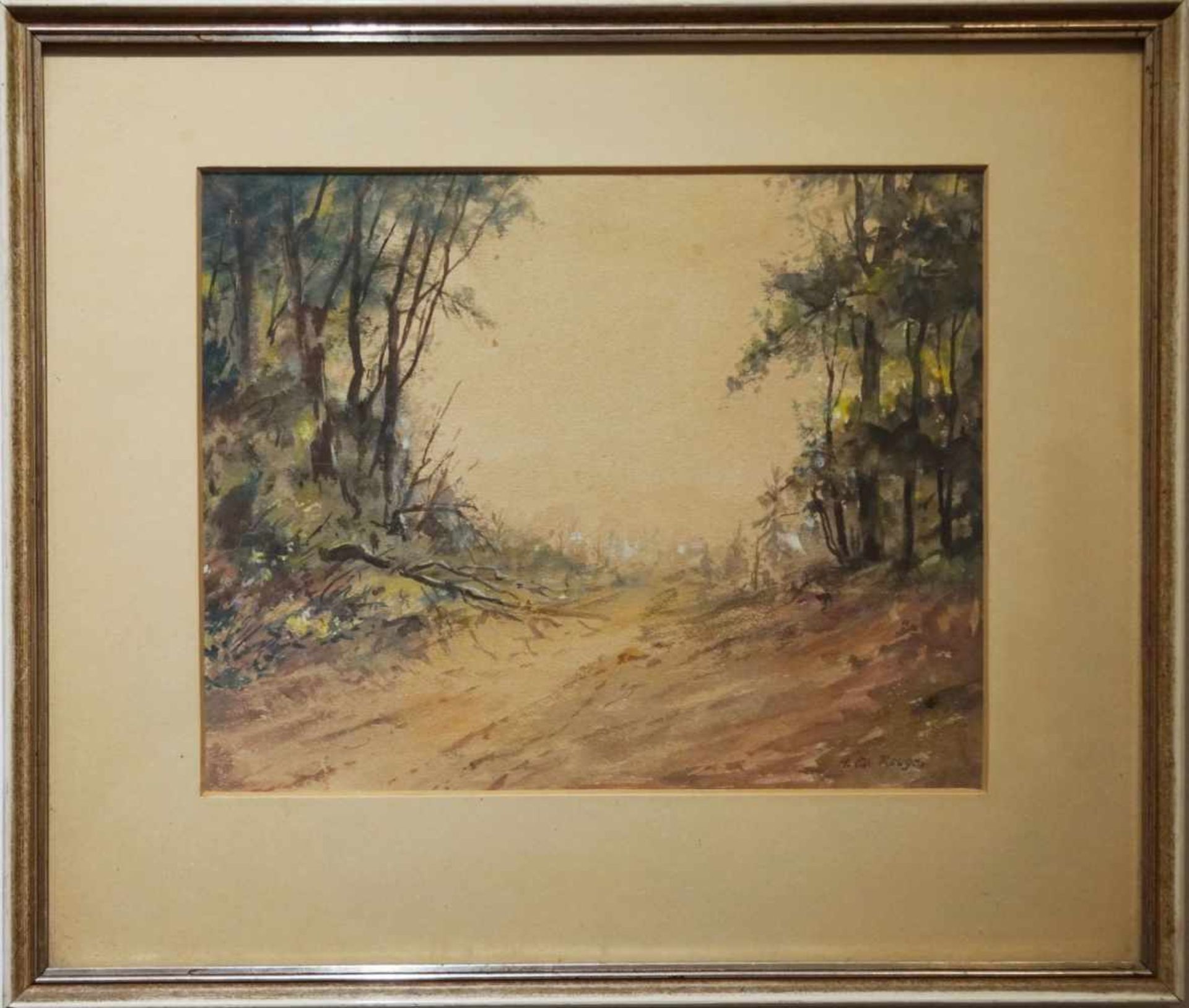 "Pfad durch einen Wald" Hugo Eduard Rouge, Aquarell/Gouache auf Zeichenkarton, unter Glas mit