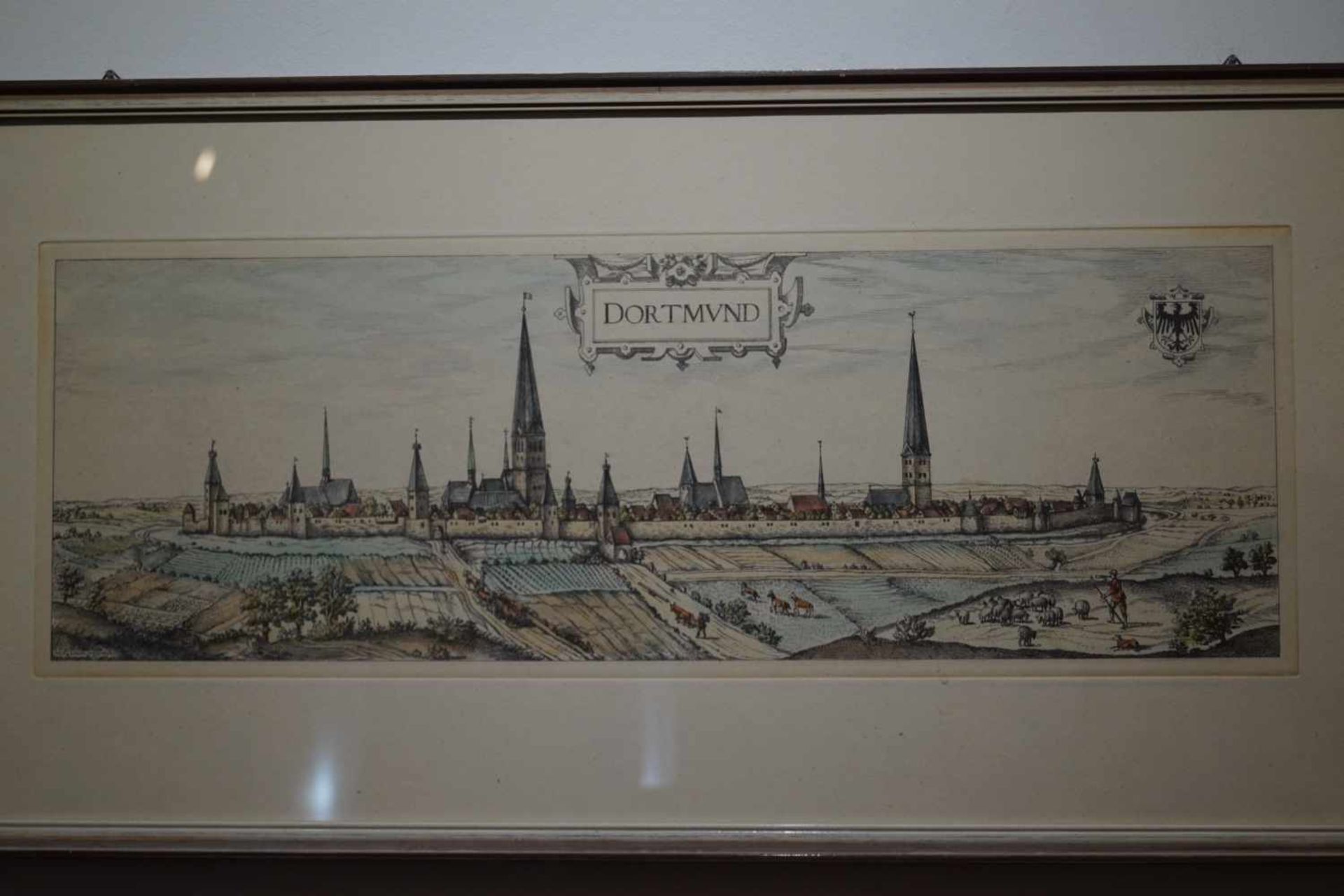 Ansicht von Dortmund im Mittelalter Farbstich, unter Glas gerahmt, Höhe 34,5 cm x Breite 71 cm, in - Image 2 of 5