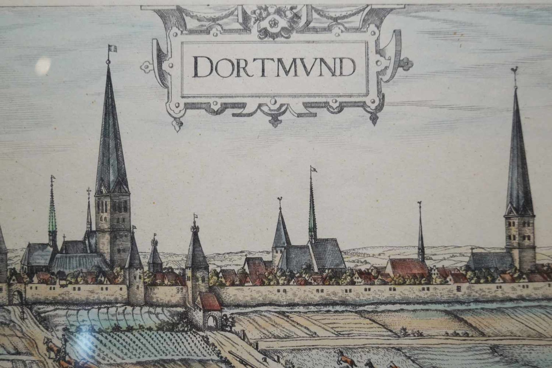 Ansicht von Dortmund im Mittelalter Farbstich, unter Glas gerahmt, Höhe 34,5 cm x Breite 71 cm, in - Image 5 of 5