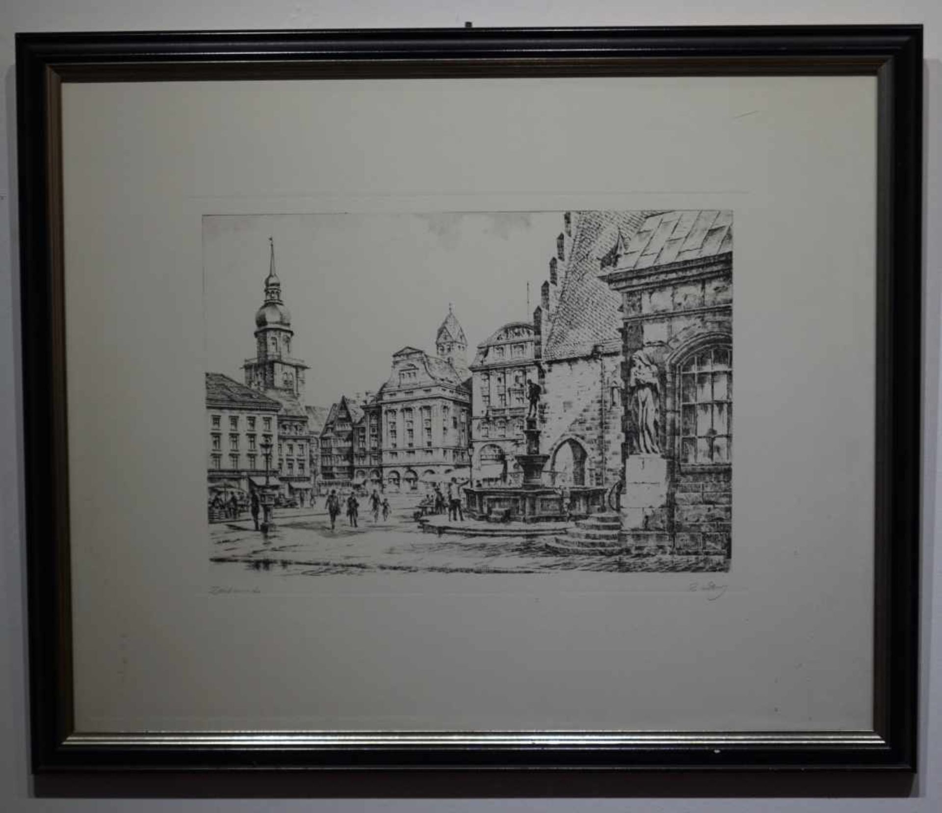 "Ansicht des alten Markts in Dortmund", Richard Lenz (1925- ?)Radierung, unter Glas gerahmt, Höhe