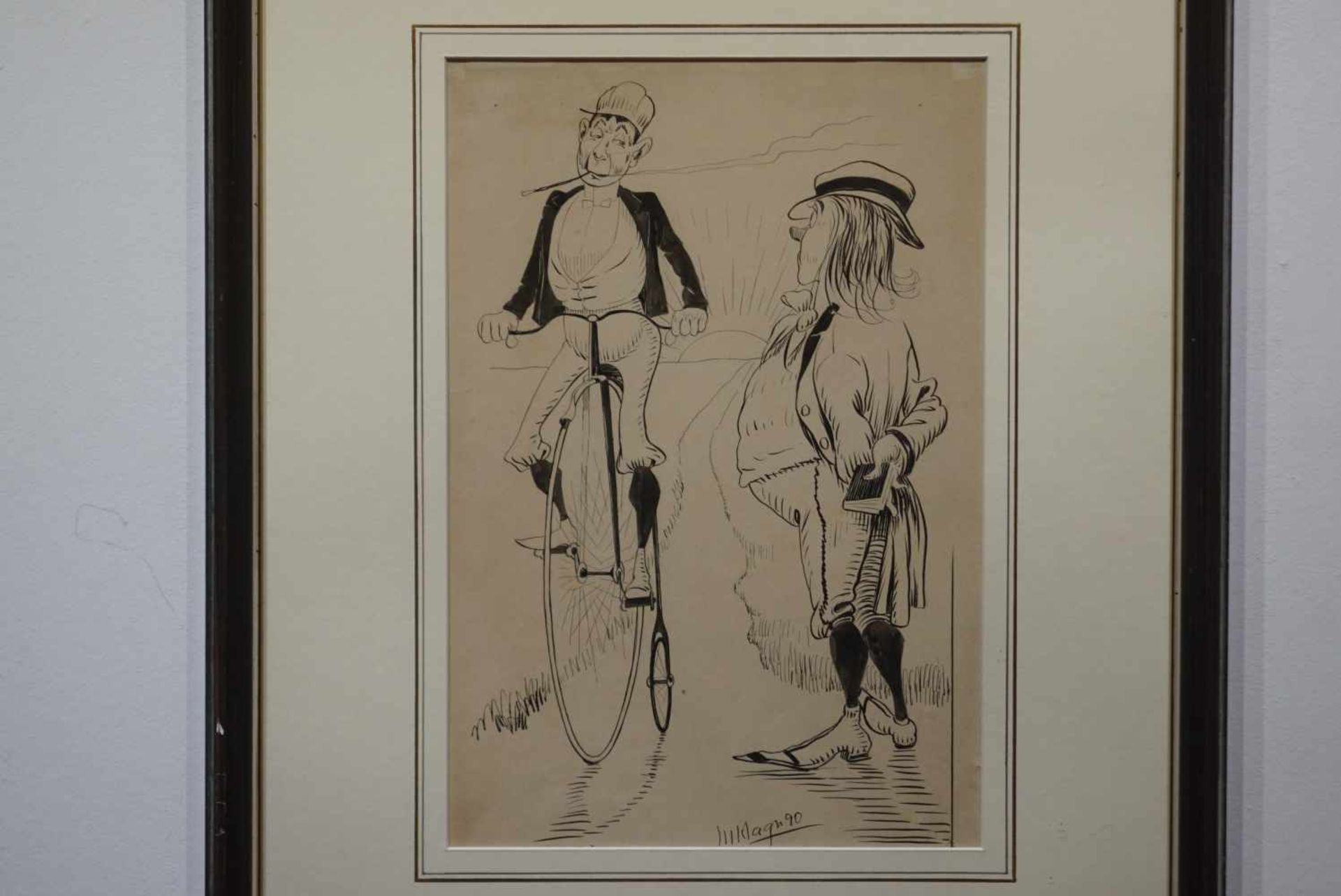 "Der Radfahrer", Max Hagen (1862-1914)Tuschezeichnung, handsigniert, unter Glas mit Passepartout - Bild 2 aus 3