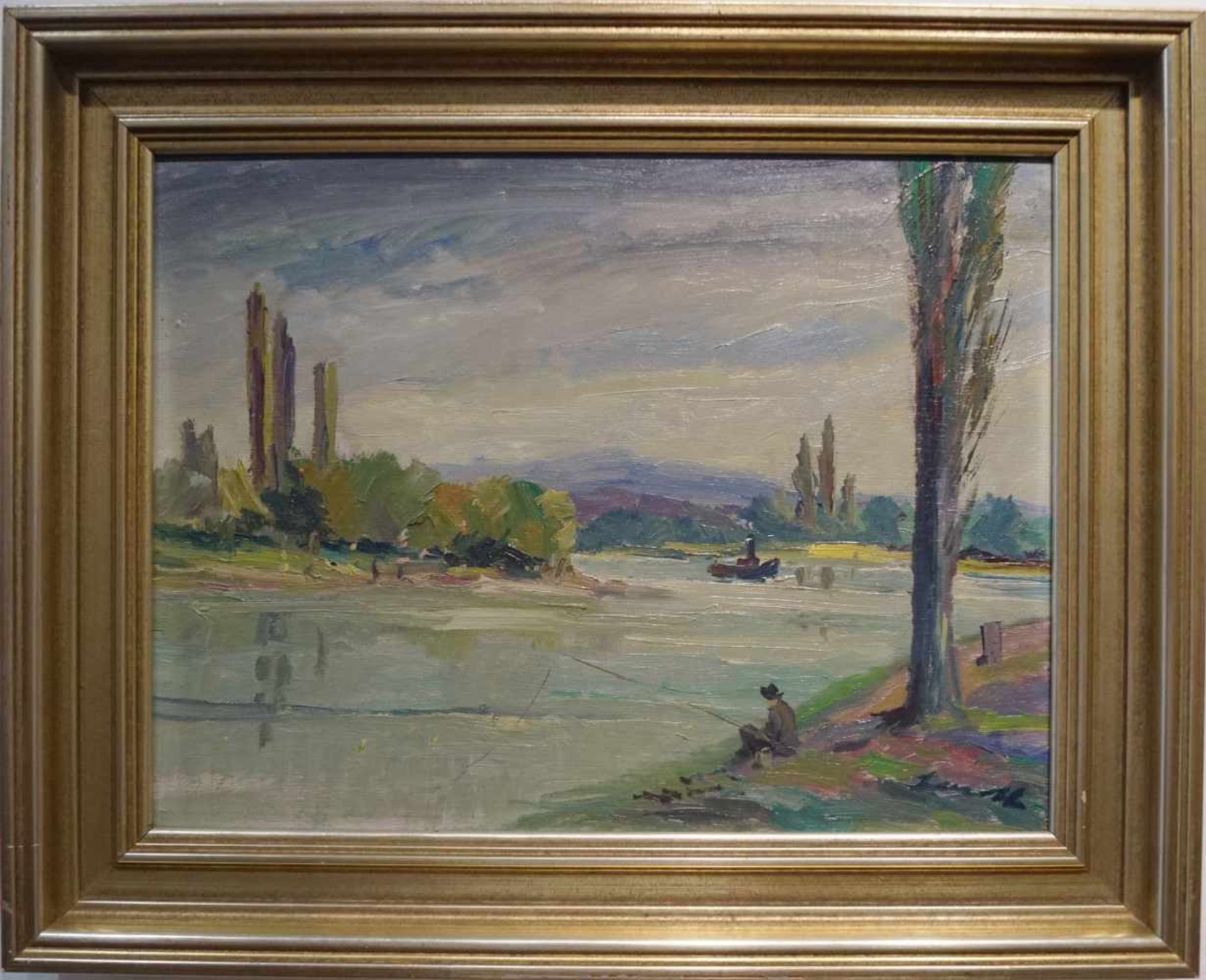 Angler am Altrhein, Robert Lauth (1896-1985)Öl/Platte, Höhe 40 cm x Breite 49,5 cm, Bild in einem