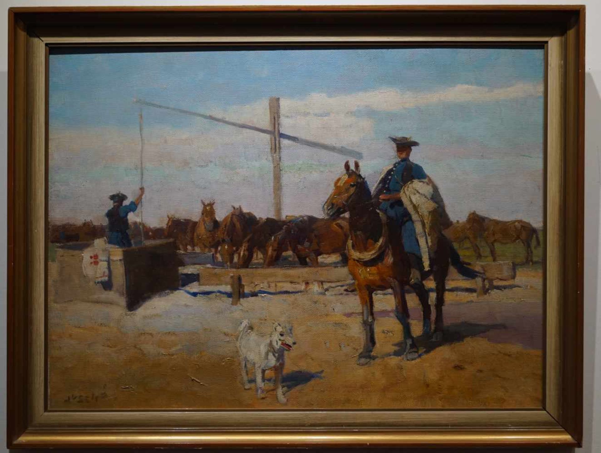 "Husaren an der Pferdetränke", Bela Juszko (1877-1969)Öl/Lwd, unten links signiert, Rahmen, Höhe