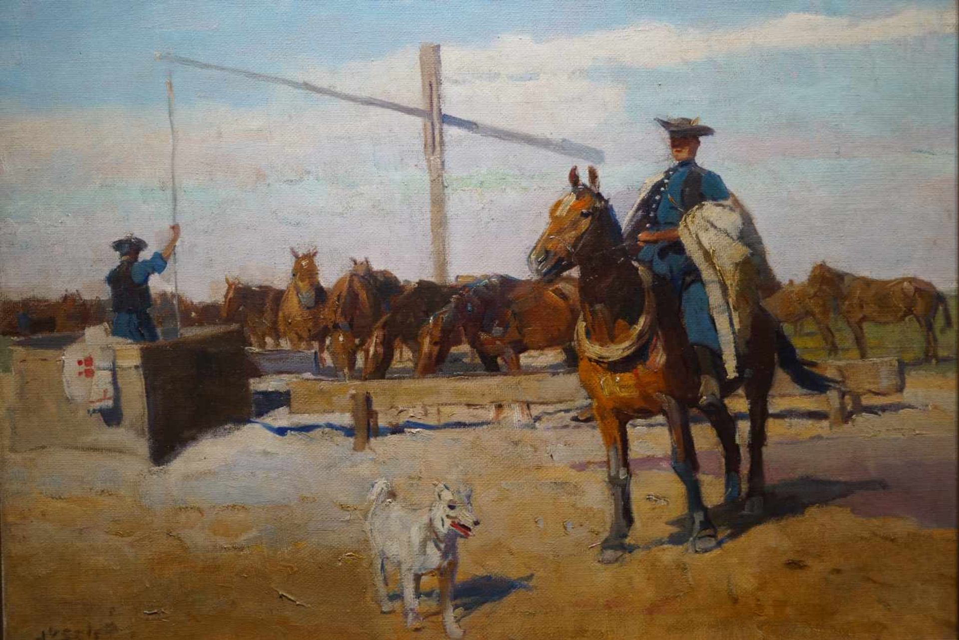 "Husaren an der Pferdetränke", Bela Juszko (1877-1969)Öl/Lwd, unten links signiert, Rahmen, Höhe - Bild 2 aus 3